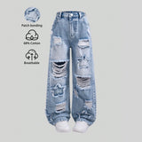 7-12Y Kid Teen Girl Fashion Explosion Ripped Star Decorated Wide Leg Jeans Pants