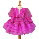 Kid Girl Princess Stylish Sequin Mesh Bubble Sleeves Fluffy Dresses