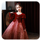 Kid Baby Girls  Velvet Long Sleeve Evening Piano Performance Dresses