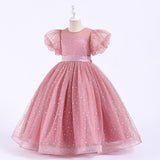 4-14T Kid Girls Bubble Sleeve Multicolor Wedding Performance Princess Dress