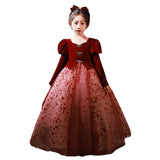 Kid Baby Girls  Velvet Long Sleeve Evening Piano Performance Dresses