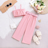 Kid Girl Summer Casual Ruffle Leaf Edge Solid 2 Pcs Set