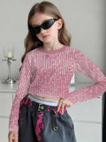 Fashion Versatile High Quality Checked Girls Short Crew Neck Long Sleeves