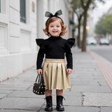 Children's Clothing Girls' Turtleneck Knitted Ribbed Long-sleeved Top Pleated Leather Skirt Two-piece Set