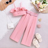 Kid Girl Summer Casual Ruffle Leaf Edge Solid 2 Pcs Set