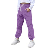 2-10T Kid Girl Solid Pockets Drawstring Overalls Trousers Pants