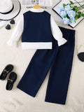5-14Y Kid Girl Suit Dark Blue White Long-sleeved Suit 3 Pcs Set