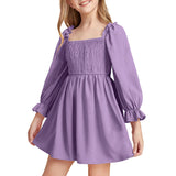 Kid Girl Square Neck Lantern Sleeve Ruffle High Waist Lace Dresses
