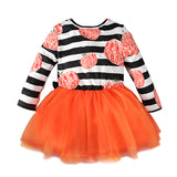 Kid Baby Girls Halloween Pumpkin Long Sleeve Striped Mesh Dress