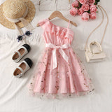 Kid Baby Girl Fashion INS Lotus Leaf Slant Shoulder Suspender Craft Yarn Dress
