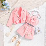 Kid Girls Suit Long-sleeved Flower Suspenders Shorts 3 Pcs Set