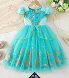 Jasmine Jasmine Princess Dress Lake Blue Sequin Short Sleeve Tutu Girls Halloween Cos Dress