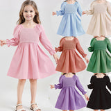 Kid Baby Girl Square Collar Lantern Sleeves Ruffled Large Hem High-waisted Dresses