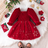 Kid Baby Christmas Cable Bubble Sleeve Splicing Mesh Dress