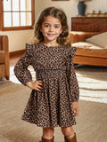 Leopard Print Long Sleeve Drip Neck Small Fly Sleeve Long Sleeve Ruffled Simple Dress