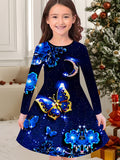 3-10T Kid Girl Flower Long Sleeve Crew Neck Spring Autumn Dresses