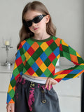 Fashion Versatile High Quality Checked Girls Short Crew Neck Long Sleeves