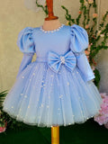 Kid Baby Girls Blue Fluffy Yarn Long Sleeve Princess Dress