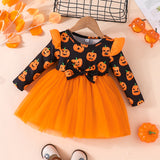 Kid Sweet Girl Halloween Pumpkin Long-sleeved Mesh Dresses