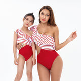 Parent-child swimsuit high waist bikini ruffle edge bikini striped new mother and daughter swimsuit