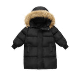 3-8Y Kid Girl Cotton Long Thickened Winter Fur Collar Hooded Coats Jacket