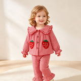 6M-3Y Baby Girl Plaid Strawberry Patch Doll Collar Long Sleeve Lace Sleeve Pajamas