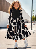 INS Girl Floral Print Decorative Long Sleeve Stand-Up Neck Bubble Sleeve Simple Dress