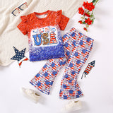 Girls' Independence Day Two-piece Set, USA Letter Pattern Gradient Top with A Five Pointed Star Pattern