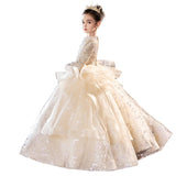 2-12T Kid Girl Champagne Long-sleeved Catwalk Puffy Gauze Dresses