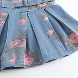 Kid Baby Girls Denim Floral Print Waist-cinched Lapel Vest Dress