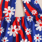 Kid Baby Girl Independence Day Flower Stripe Printed Neck Tie-Up Flared Pants