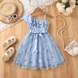 Kid Baby Girl Fashion INS Lotus Leaf Slant Shoulder Suspender Craft Yarn Dress