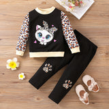 1-6Y Kid Baby Girls Suit Crew Neck Cartoon Leopard Print 2 Pcs Set