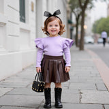 Children's Clothing Girls' Turtleneck Knitted Ribbed Long-sleeved Top Pleated Leather Skirt Two-piece Set
