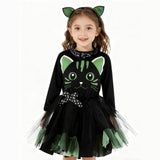3-6T Kid Girl Printed  Black Cat Playful Dresses 2 Pcs Set