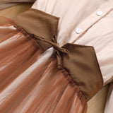 5-12Y Kid Girls Long-sleeved Lapel Waist Mesh Splicing Dresses