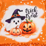 1-8Y Kid Girls Halloween Pumpkin Lantern Ghost Ruffle Flared Suit 2 Pcs Set