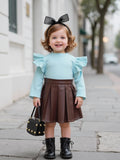 Children's Clothing Girls' Turtleneck Knitted Ribbed Long-sleeved Top Pleated Leather Skirt Two-piece Set