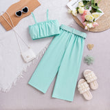 Kid Girl Summer Casual Ruffle Leaf Edge Solid 2 Pcs Set