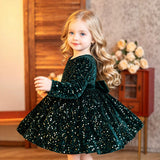 2-6Y Kid Baby Girls Sequined Velvet  Long Sleeve Big Bow Fluffy Princess Dresses