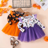 Kid Sweet Girl Halloween Pumpkin Long-sleeved Mesh Dresses