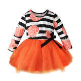 Kid Baby Girls Halloween Pumpkin Long Sleeve Striped Mesh Dress