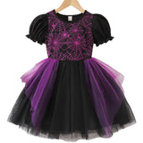 Girls' Halloween New Short-sleeved Spider Web Dress Black Purple Party Dress