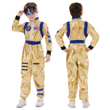 Kid Boy Girl Golden Glossy Astronaut Jumpsuit Halloween Party Suits 2 Pcs Sets