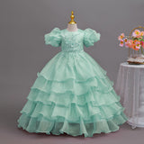 Kid Girl Bubble Sleeve  Fluffy Yarn Multi-layer Cake Birthday Piano Dress