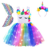 1-10T Kid Girls Glowing Led Light String Unicorn Sleeveless Tutu Dresses