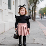 Children's Clothing Girls' Turtleneck Knitted Ribbed Long-sleeved Top Pleated Leather Skirt Two-piece Set