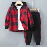 Boys and Children's New Long-sleeved Plaid Contrasting Color Hooded Two-piece Suit