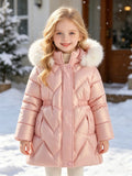 Girls' Winter New Cotton Clothes Children's Bright Leather Leave-in Hooded Cotton Jacket