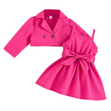 Baby Girl Sweet Lapel Long Sleeves Solid Color Suspender 2 Pcs Sets